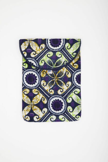 Étui PC 13 pouces fait main, motif wax graphique vert et violet, tissu recyclé – Chkarty