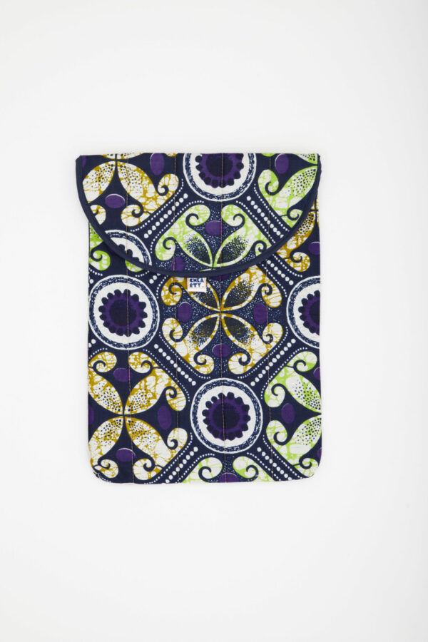 Étui PC 13 pouces fait main, motif wax graphique vert et violet, tissu recyclé – Chkarty