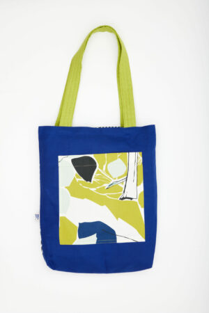 Totebag réversible fait main en Tunisie – motif triangles noir/ivoire et visuel botanique anis, tissu recyclé – Chkarty