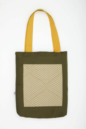 Totebag réversible Chkarty fait main en Tunisie – motif kilim multicolore et feuillage graphique, tissu recyclé