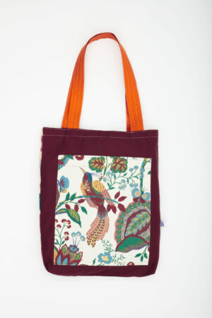 Tote bag réversible fait main en tissu recyclé – motif jungle avec oiseau tropical et motif artistique multicolore – Chkarty