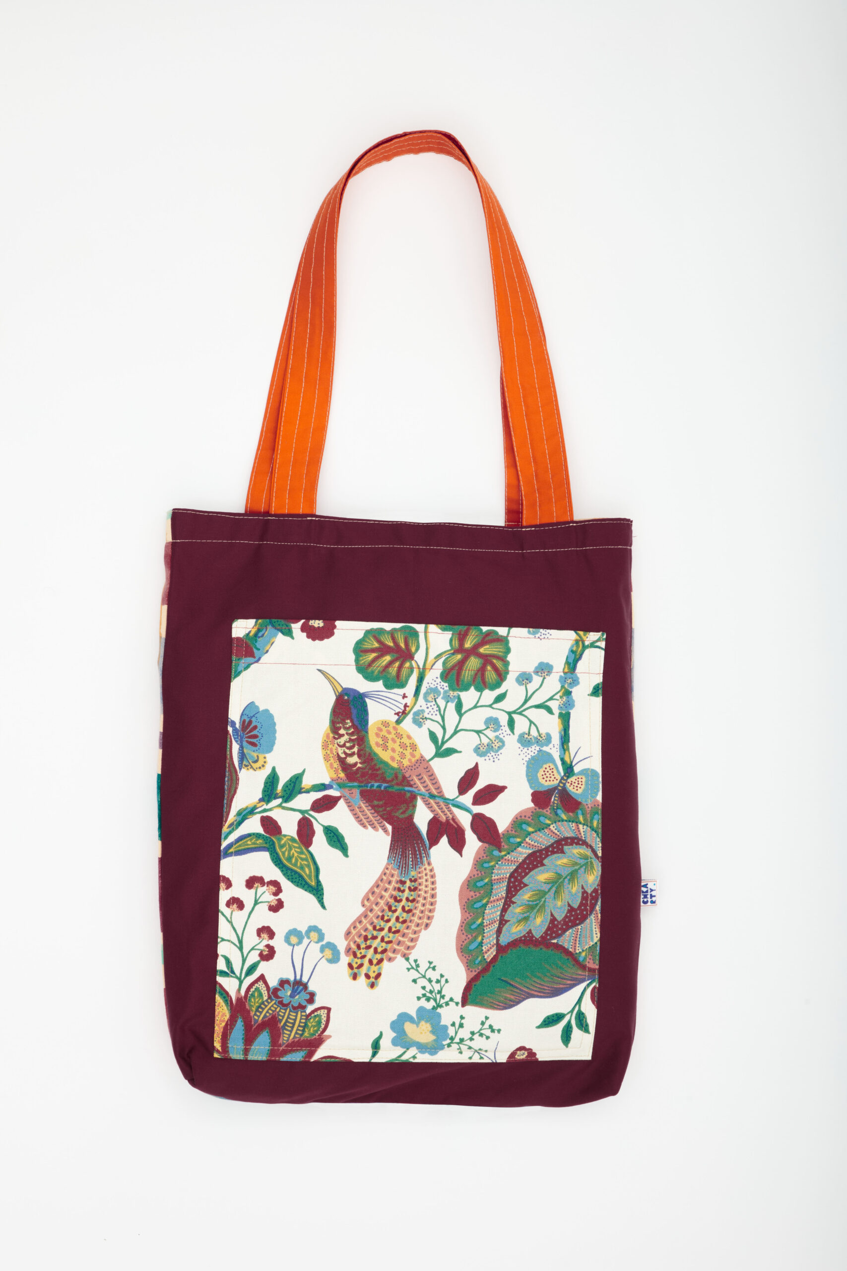Tote bag réversible fait main en tissu recyclé – motif jungle avec oiseau tropical et motif artistique multicolore – Chkarty