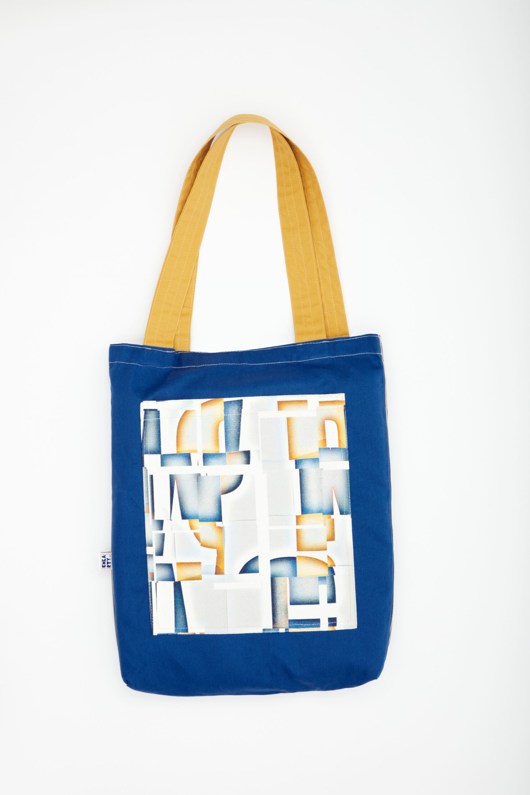 Tote bag réversible en tissu recyclé – face rayée bleu/blanc et face artistique dorée abstraite – Chkarty