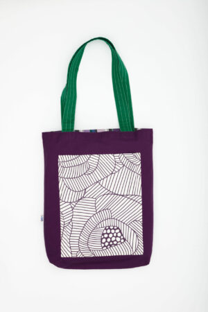 Tote bag réversible fait main – face à motif floral graphique violet et face à rayures colorées – tissu recyclé – Chkarty