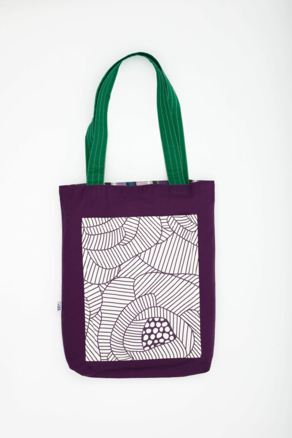 Tote bag réversible fait main – face à motif floral graphique violet et face à rayures colorées – tissu recyclé – Chkarty