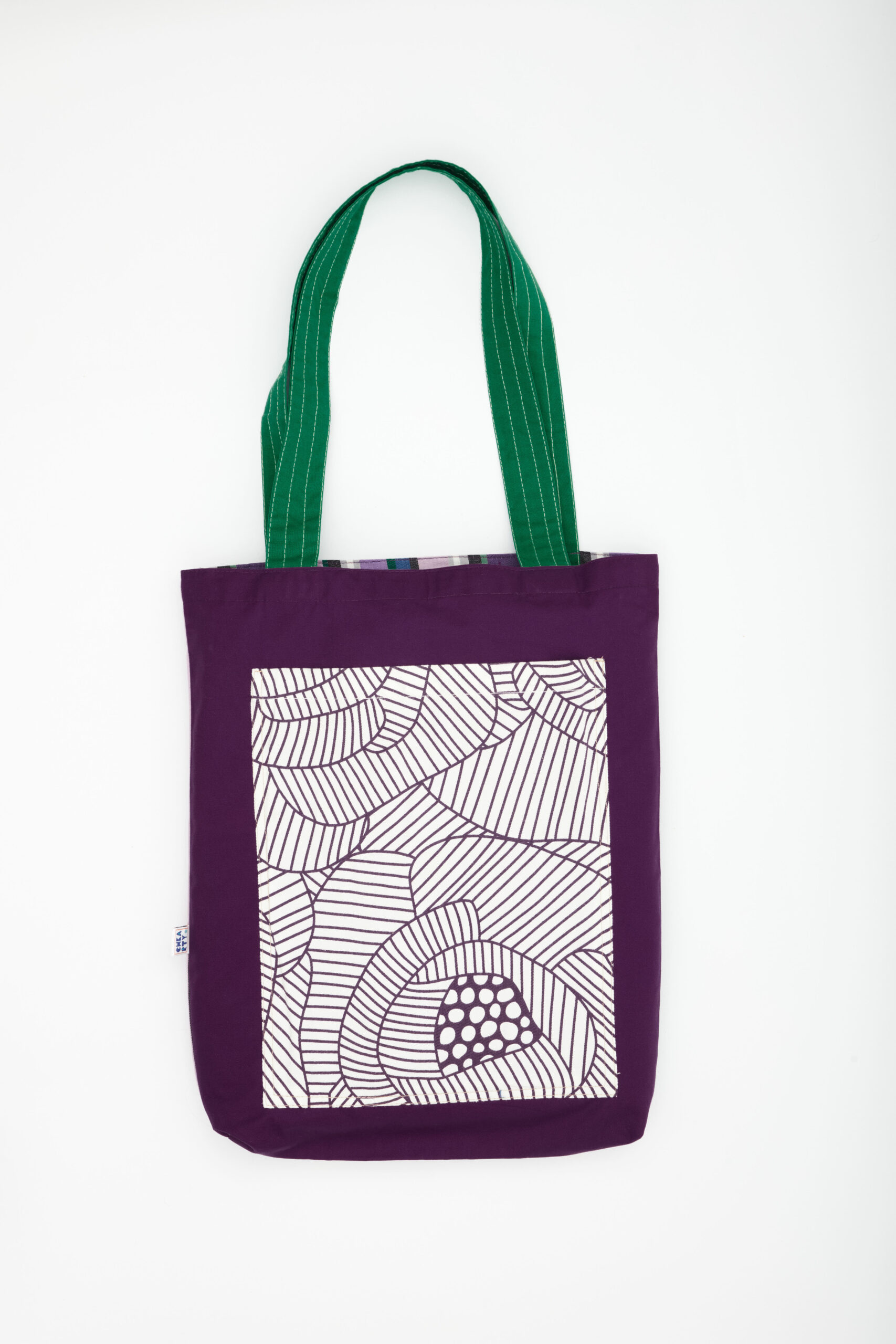 Tote bag réversible fait main – face à motif floral graphique violet et face à rayures colorées – tissu recyclé – Chkarty