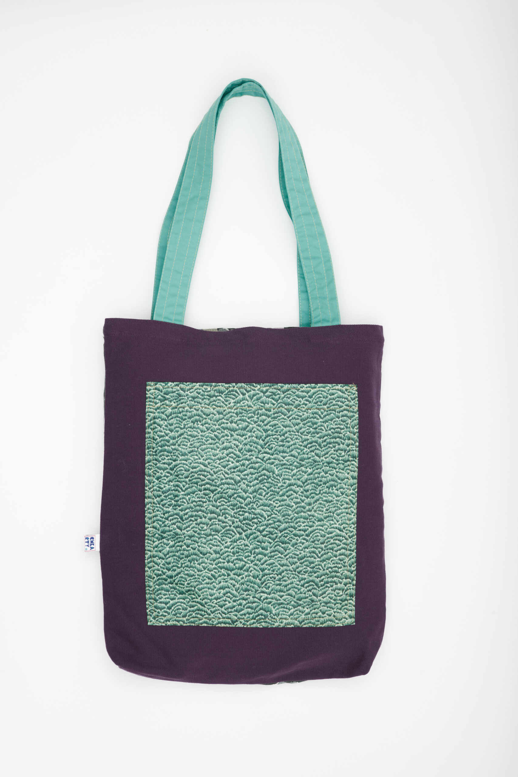 Totebag réversible en tissu recyclé fait main en Tunisie – imprimé floral vert et texture vert menthe – Chkarty